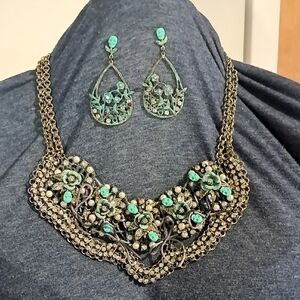 Betsey Johnson Antique Rhinestone/ Necklace & Earring Set with Turquoise Accents